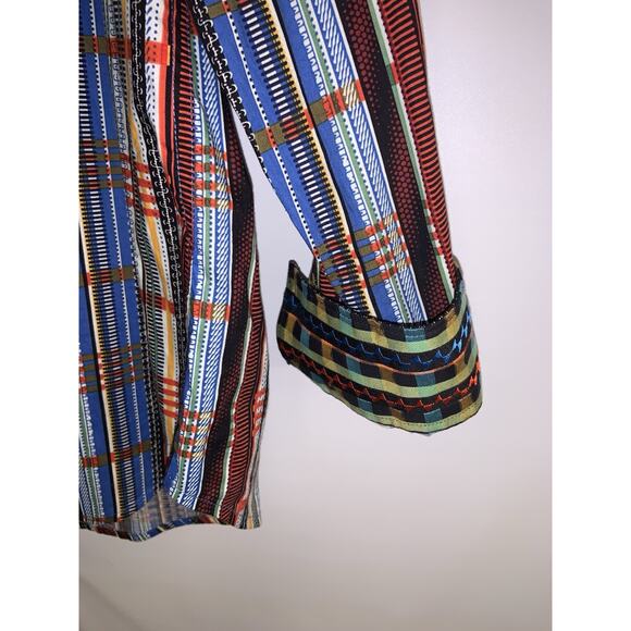 Robert Graham Shirt Mens Sz Large Flip Cuff Multicolor Striped Preppy Art Deco - Picture 5 of 9